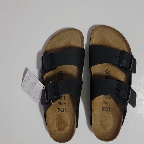 Birkenstock Arizona Birko Flor Sandals Womens 37 6-6.5 Black Slides Basic - Picture 2 of 8